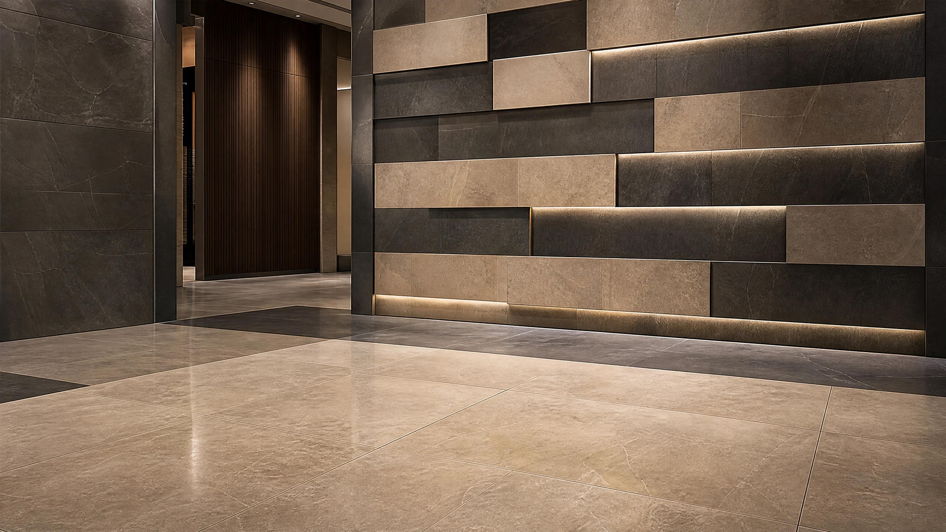 Commercial lobby with tiled floor and feature wall