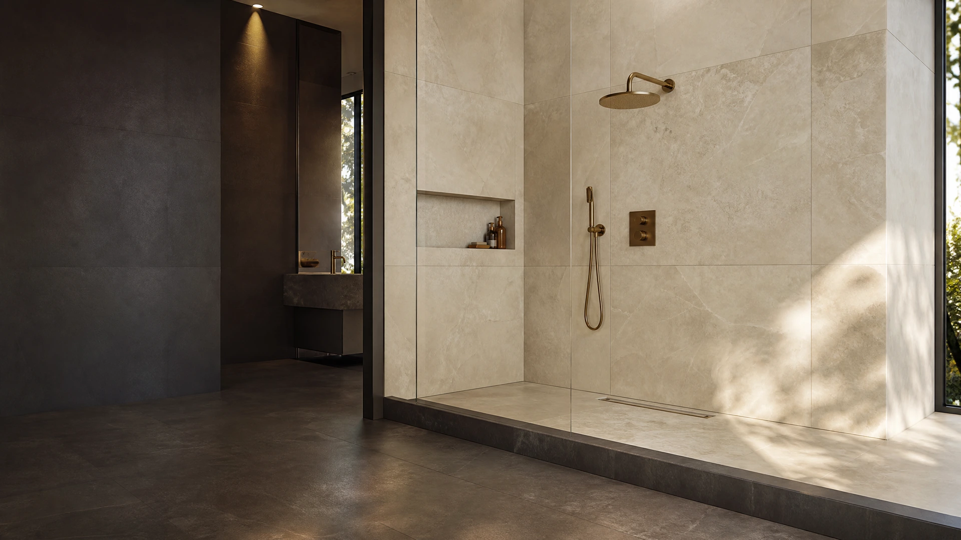 Modern bathroom with full-height porcelain tile shower
