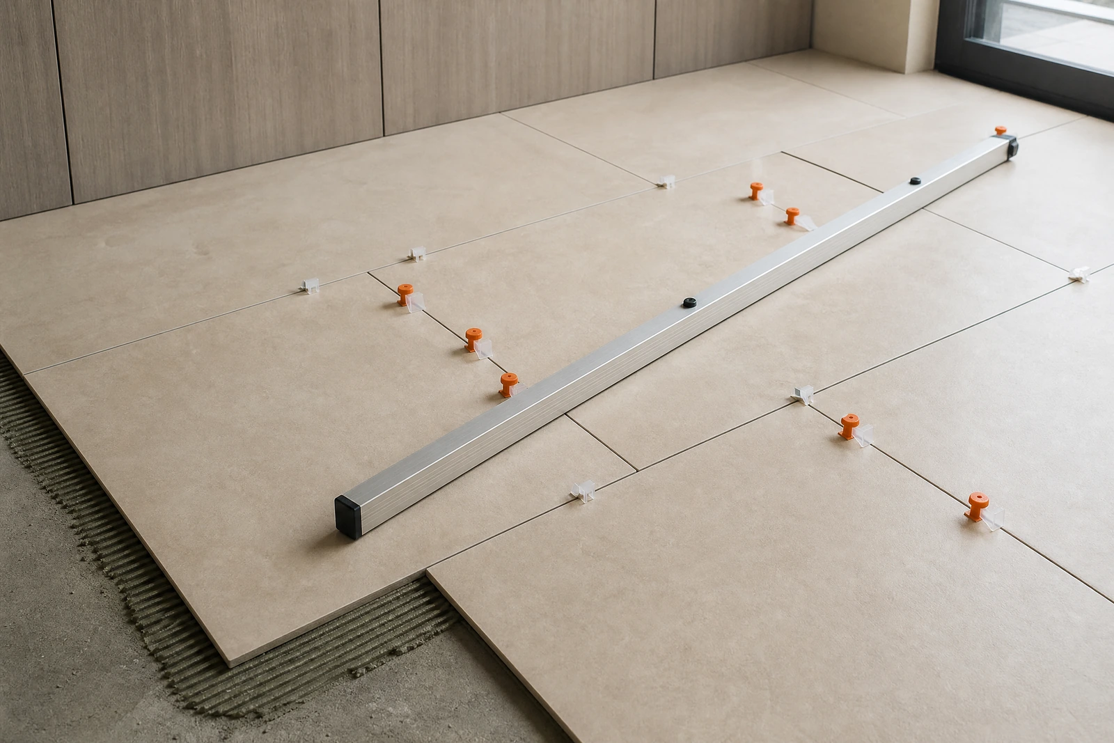 Professional laying of large-format floor tiles